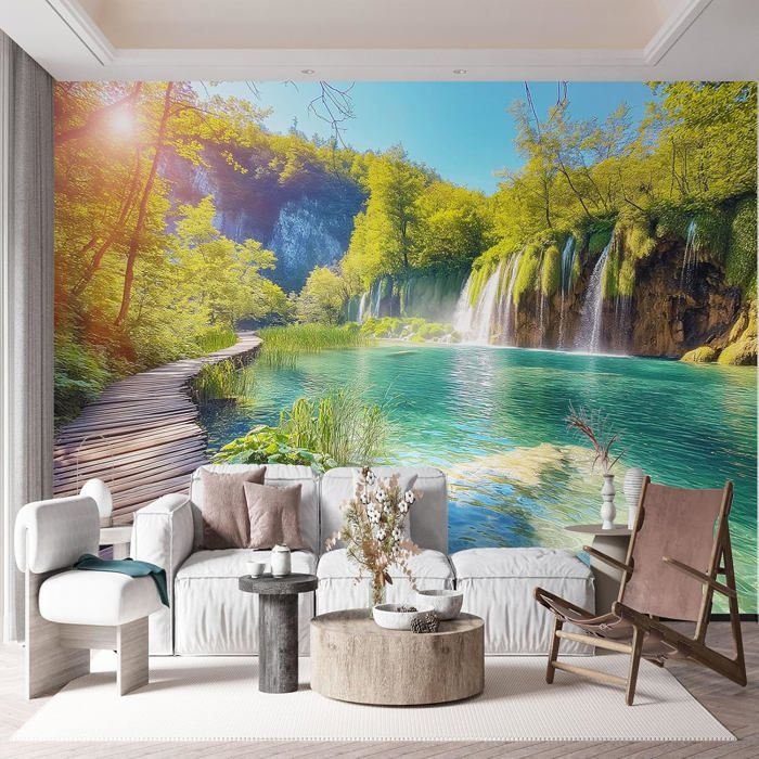 Papier Peint Intissé Paysage Cascade, Vert Papier Peint Photo 350 x 256 ...