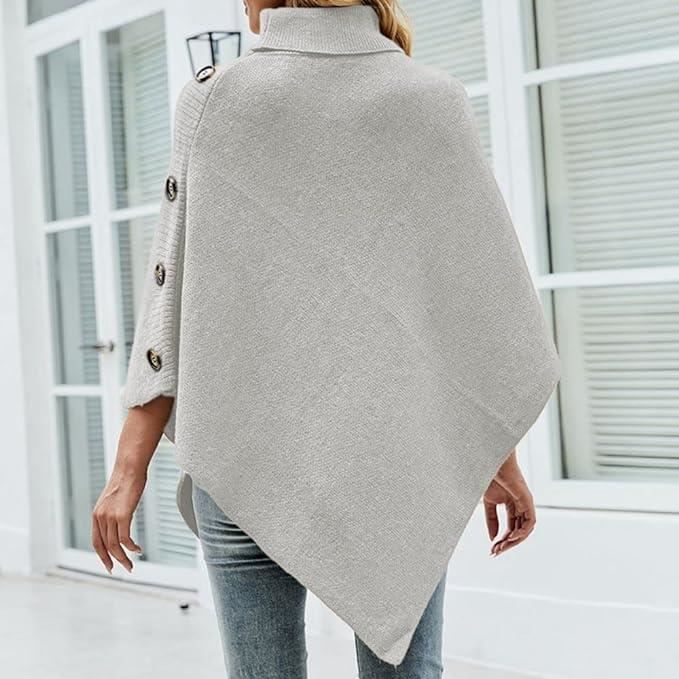 Poncho Femme Pull en Tricot a col Montant Quatre Boutons Elegant Ponchos et Capes Gris