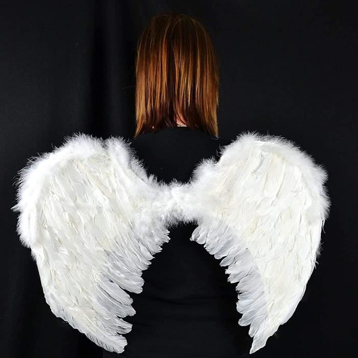 Ailes d'ange,Costume d'ailes d'ange,Ailes d'Ange en Plumes noir,Costume d'ailes d'ange plumes pour enfants adultes avec Briller auréole,Décoration de fête costumée pour Halloween, carnaval, cosplay