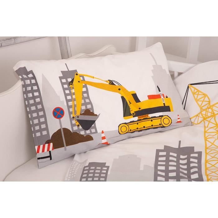 Parure De Lit Chantier Bébé - Housse Couette 100x135cm + Taie 40x60cm Engins De Chantier