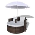 Chaise longue bain de soleil Lit de jardin avec parasol Marron Résine tressée-MEE-3