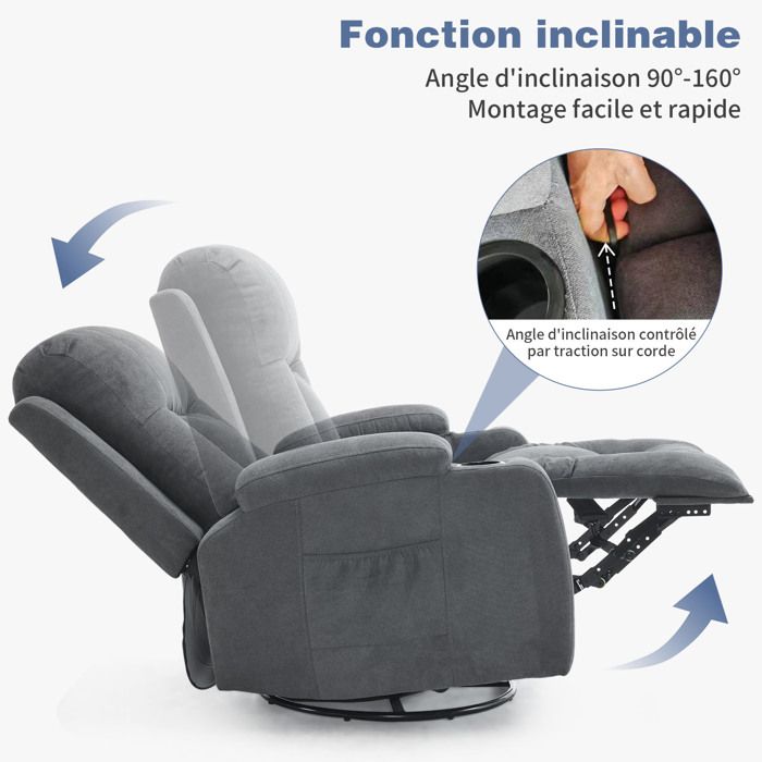 Fauteuil de massage et relaxation électrique chauffant inclinable manuellement repose-pied télécommande noir