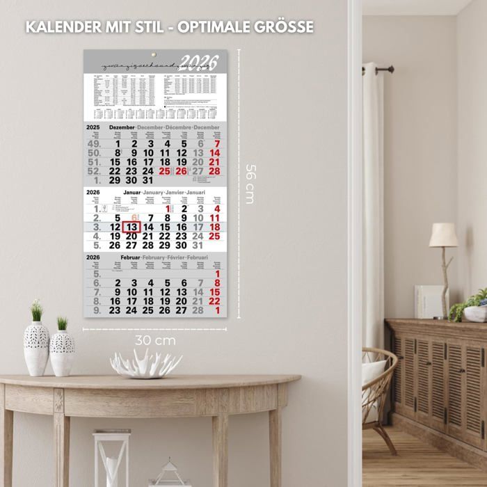 Calendrier Mural 2026 - 3 Mois Par Page, Curseur Rouge, 4 Langues - Format 24x45 Cm - 5