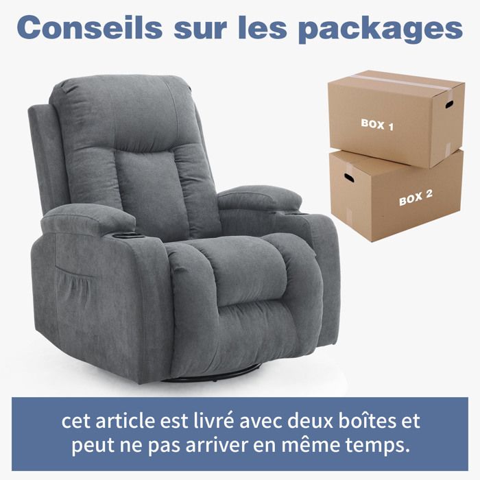 Fauteuil Relax Massage - Inclinable 150° - Pivotant 360° - Massage Vibrant - Cuir Synthétique