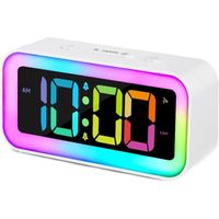 Réveil Matin Numérique Enfant, Ado Lumineux avec Veilleuse 7 Couleurs, LED Horloge Digitale, avec 2 Modes d'Alarme, Réglable,Blanc