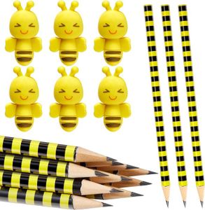 CRAYON DE COULEUR noir, jaune 12 Sets Cadeaux de Papeterie Scolaire pour Enfants 12 Crayons d'Abeille Crayons en Bois Rayés et 12 Gommes en Forme