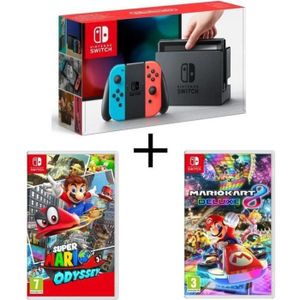 CONSOLE NINTENDO SWITCH Console Nintendo Switch avec paire de Joy-Con néon + Super Mario Odyssey + Mario Kart 8 Deluxe