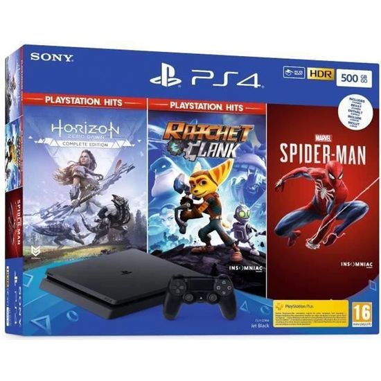 Console PS4 Slim 500Go Noire/Jet Black + Horizon Zero Dawn Complete Edition + Marvel's Spider-Man + Ratchet & Clank