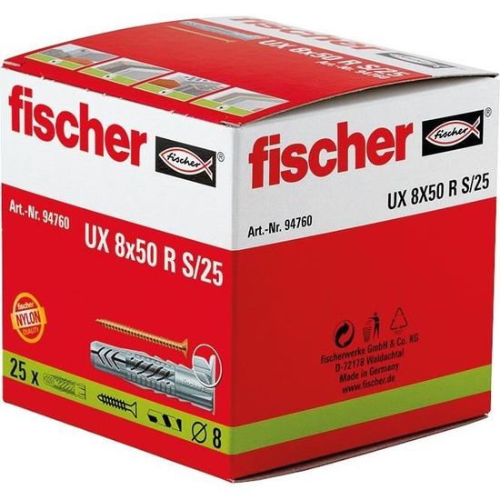 Cheville - Fischer - Ux R 8x50 - Nylon - Lot de 25 - Cdiscount Bricolage