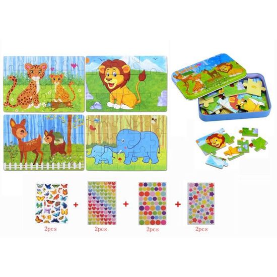 6pcs Puzzles en Bois Jouet Éducatif avec Gommettes 8 Feuilles+1 Ponchoir  pour Enfants 3-6 ans Bébé jouet éducatif