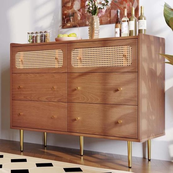 Commode 5 Tiroirs En Rotin Et Bois, Design Cannage, Dimensions 60x34x91 Cm
