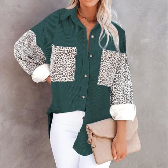 Chemisier Femme Vintage – Vert Motif Léopard – Manches Longues – Taille 4 – Fabrication Française – Occasion