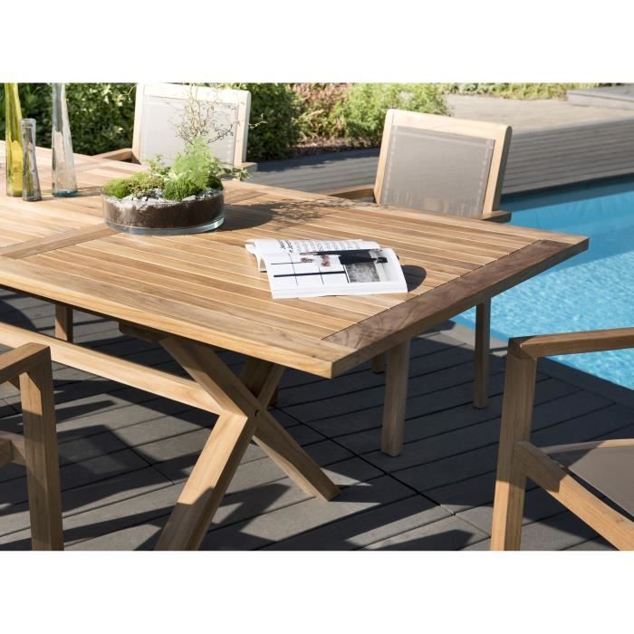Ensemble de jardin en teck : 1 table rectangulaire, extensibles, 180 / 240 x 100 cm - 3 lots de 2 fauteuils empilables JARDITECK