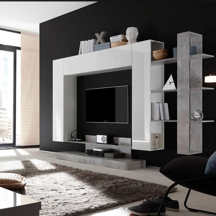 Ensemble TV mural design blanc laqué et gris BALBINA Blanc L 258 x P 42 x H 165 cm