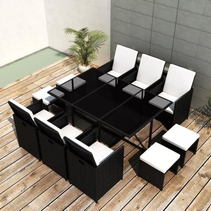 Mobilier de jardin 11 pcs avec coussins Résine tressée Noir