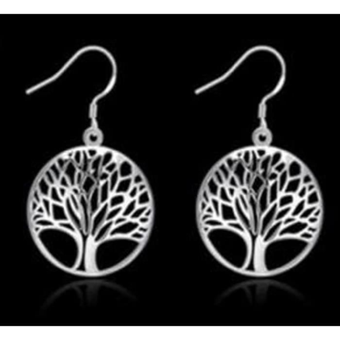 Boucles d'oreilles dormeuses arbre de vie argenté diam 2,5 cm bijou fantaisie