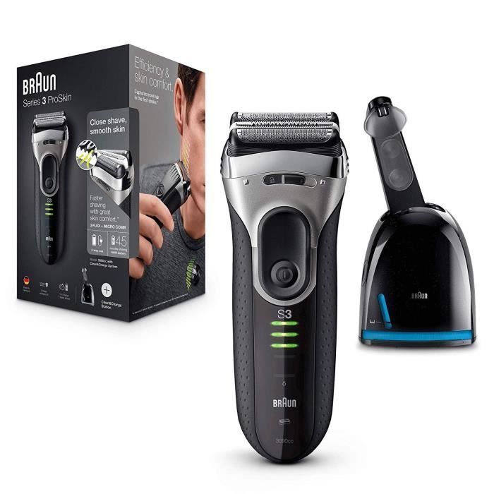 Braun Series 3 ProSkin 3090cc Rasoir Électrique Homme Barbe, Noir/Argent - Rasoir Électrique Rechargeable + Station Clean & Charge