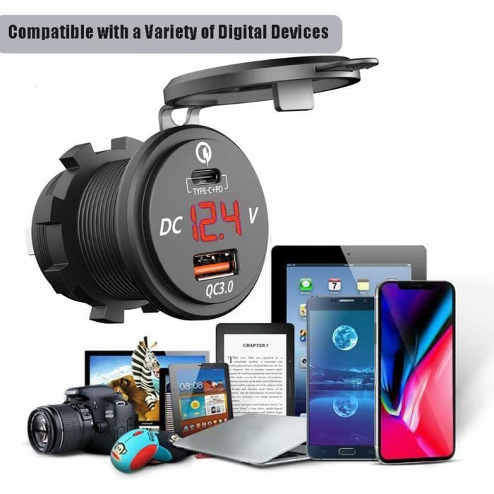 Chargeur USB PD + chargeur rapide 3.0 Adaptateur de prise de chargeur avec motocyclette de voiture 12 / 24V de LED