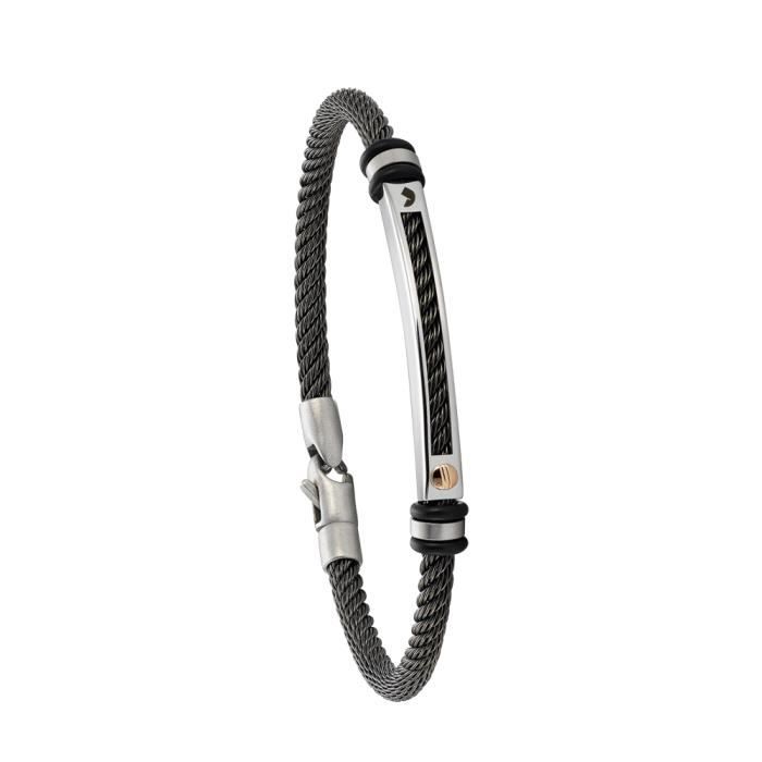 Jourdan Bijoux - Bracelet homme - GI016H - Câble noir - Plaque acier - Or 750