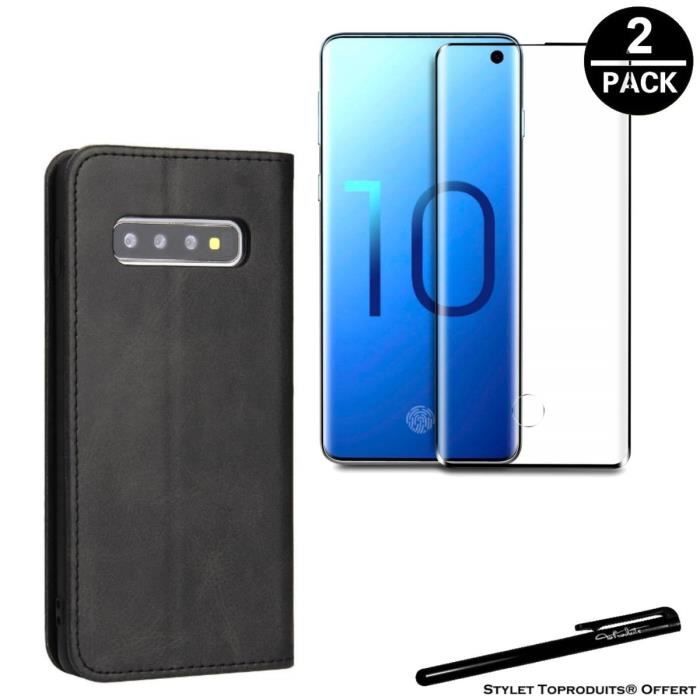 Etui portefeuille noir pour Samsung Galaxy S10 Plus Housse à fermeture magnétique et 2 Verres trempés 3D bords noirs avec Stylet