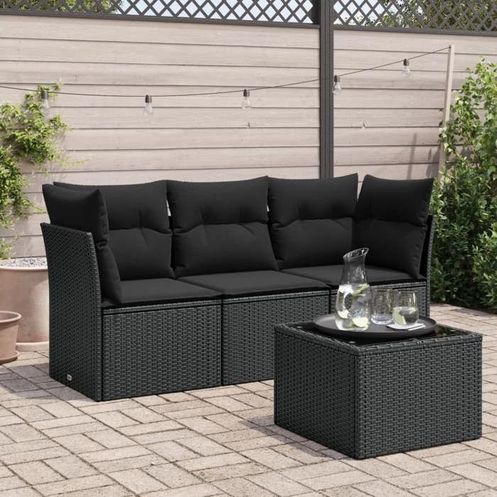 vidaXL Salon de jardin 4 pcs avec coussins noir résine tressée 3249054