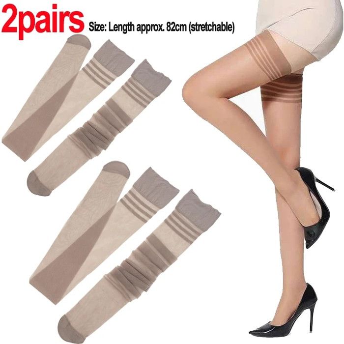 2 Paires De Bas Résille Dentelle Autofixants - Hauts Cuisse Avec Nœud - Noir Et Blanc - Taille Unique Femme