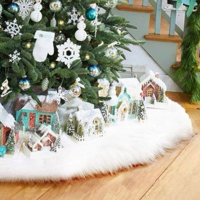 Jupe De Sapin De Noël 122cm Blanche Peluche Avec Guirlande LED - Flocons Dorés