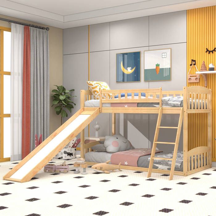 Lit Superposé en Bois 90x200 Cm avec Toboggan, Transformable en Deux Cadres De Lit,pour Adultes Lit Superposé en Bois 90x200 Cm avec Toboggan, Transformable en Deux Cadres De Lit,pour Adultes