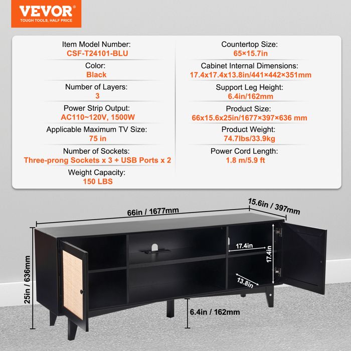 Meuble TV en Rotin-VEVOR-Centre de Divertissement avec Prise Intégrée et 2 Étagères Console TV Moderne pour Salon-Noir