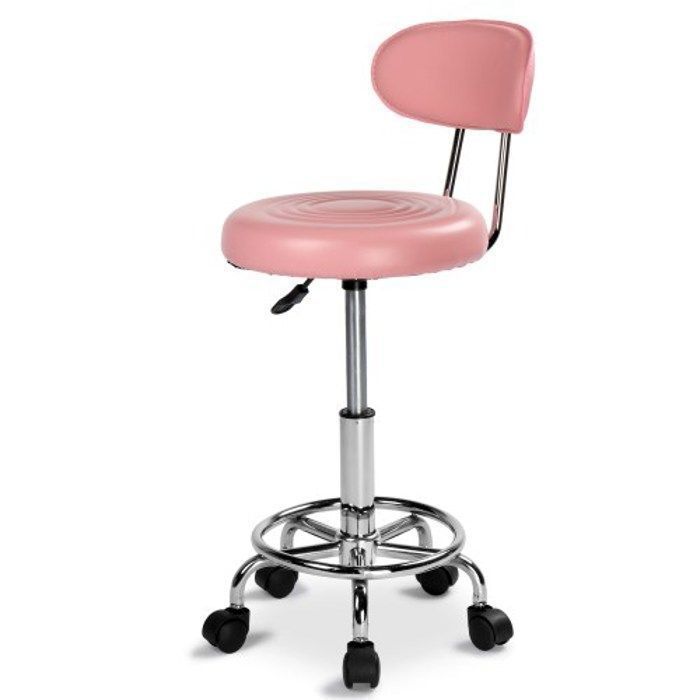 Tabouret à roulettes en PU avec pied en acier chromé dossier - pivotable à 360° - réglable en hauteur Rose Tabouret à roulettes en PU avec pied en acier chromé dossier - pivotable à 360° - réglable en hauteur Rose