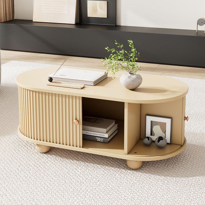 Table basse ovale avec rangement et portes coulissantes meuble multifonctionnel peu encombrant - SWEIKO - Couleur bois Table basse ovale avec rangement et portes coulissantes meuble multifonctionnel peu encombrant - SWEIKO - Couleur bois