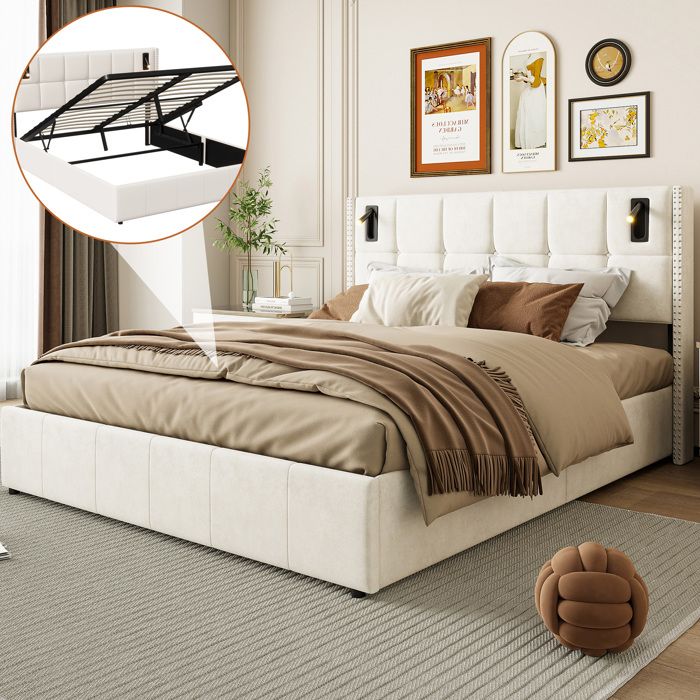 Lit coffre 140x190 cm - LUMINARIX - Beige - Avec lampes de lecture - Rangement hydraulique - Velours