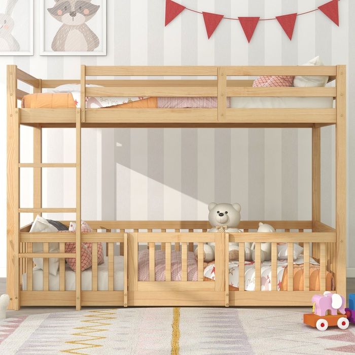 Lit superposé pour enfant 90 x 200 cm avec escalier dangle droit lit avec barrière et porte bois massif - Couleur naturelle