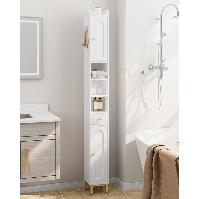 Meuble Colonne de Salle de Bain Armoire Etroit avec Etagères Réglables 1 Tiroir et 2 Portes20 x 20 x 180 cm，Blanc
