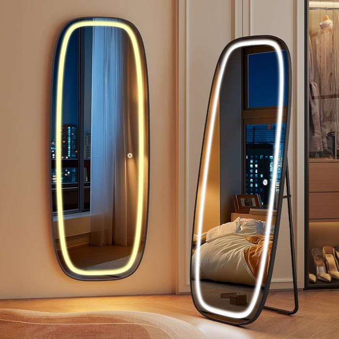 Miroir sur Pied LED 160 x 50 cm Miroir sur Pied avec Support Miroir Mural 3 Couleurs de Lumière Luminosité Réglable Noir