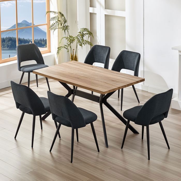 Ensemble salle à manger - WAFTING - Ensemble 6 places - 140x80x73 cm - Grain de hêtre foncé - Chaises velours noir