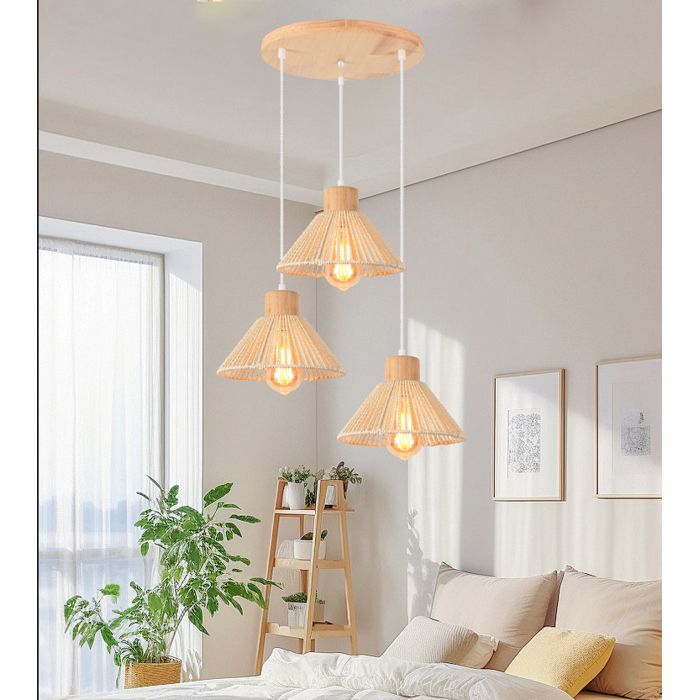 iDEGU 3lampes Lustres Suspensions Vintage Lampe de Plafond Industriel Abat-jour en Rotin Blanc E27 Luminaire Retro pour Salon