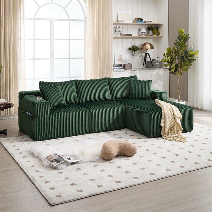 DRIPEX Canapé dangle modulaire avec porte-gobeletsCanapé 3/4 places en Velours cotelé combinaison libre avec 5 coussinsVert