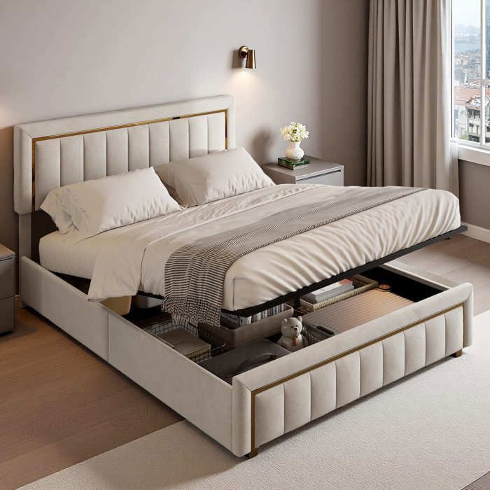 Lit coffre 160x200 lit 160x200 avec sommier lit double rembourrélit adulte conception plaquée or velours beige