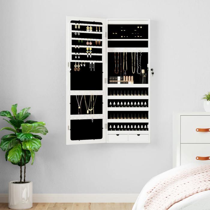 Armoire à bijoux avec miroir - vidaXL - Blanc - Éclairage LED - 37 5x10x106 cm - Bois dingénierie