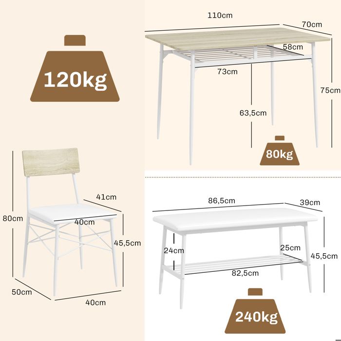 Table de salle à manger avec 2 chaises banc ensemble de 4 tables ensemble de tables de cuisine avec rangement pour 4 personnes