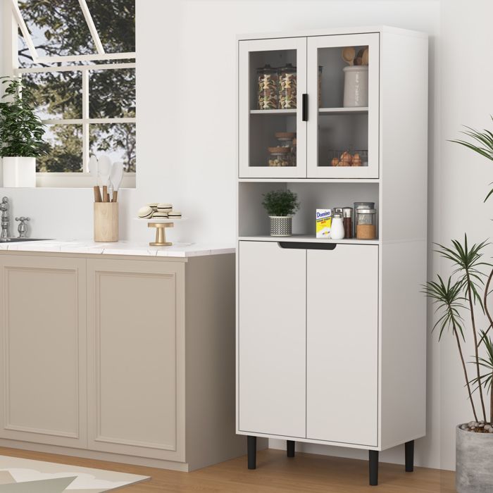 Bibliothèque haute avec porte en verre trempé et plateau réglable 4 portes armoire en MDF laqué blanc rangement pour le salon