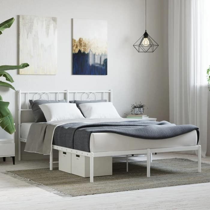 Cadre de lit métal - Happiness - 140x190 cm - Blanc - Acier - Espace de rangement - Montage simple - Robuste