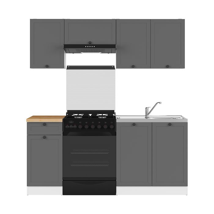Cuisine complète 180 cm Ensemble de meuble de cuisine coloris gris graphite/blanc plan de travail coloris Chêne doré inclus Cuisine complète 180 cm Ensemble de meuble de cuisine coloris gris graphite/blanc plan de travail coloris Chêne doré inclus