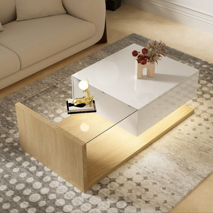 Table basse en blanc brillant et combinaison de couleurs bois. Tables dappoint tables basses avec verre et effet LED