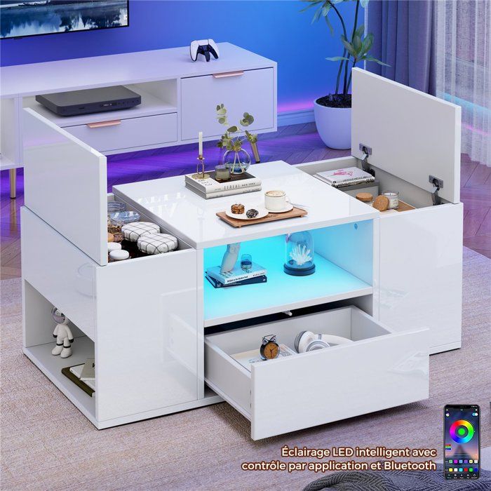 Table Basse Salon Blanche Brillante avec Lumières LED Multicolores par Appli 2 Armoires Tiroir Compartiment Ouvertes 100x50x40 cm