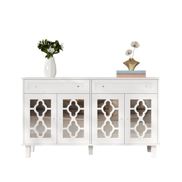 Buffet avec portes miroirs - RNCYN - 140x40x83 cm - Étagères réglables - Tiroirs longs - Poignées en cristal