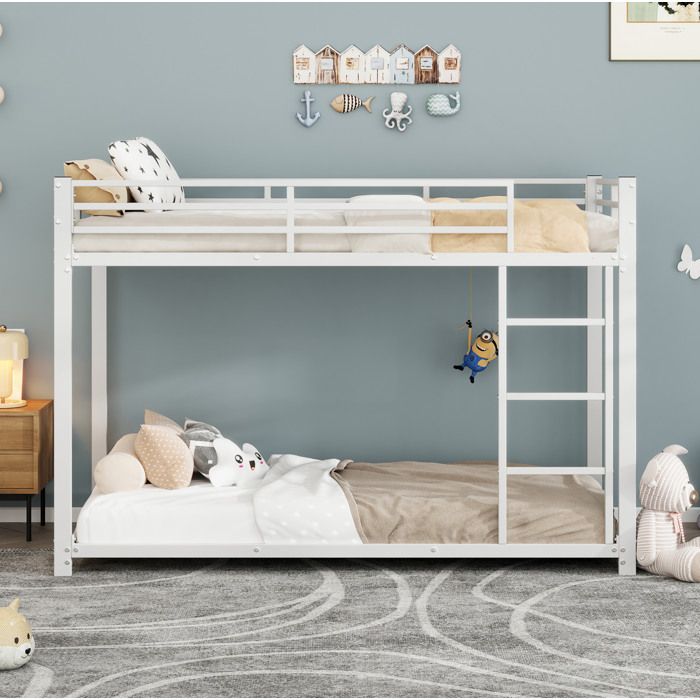 Lit superposé 90x200 cm avec barrière de sécurité et sommier à lattes métal blanc Sans matelas