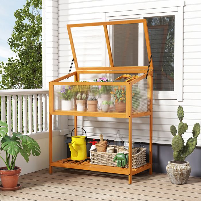 COSTWAY Serre de Jardin en Bois de Sapin avec Toit Transparent Ouvrant Étagère de Rangement à Lattes pour Jardin Véranda Orange