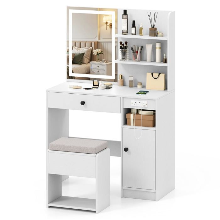 Coiffeuse - HELLOSHOP26 - Miroir lumineux 3 modes - Rangement pratique - Blanc - 90x40x135 5 cm Coiffeuse - HELLOSHOP26 - Miroir lumineux 3 modes - Rangement pratique - Blanc - 90x40x135 5 cm